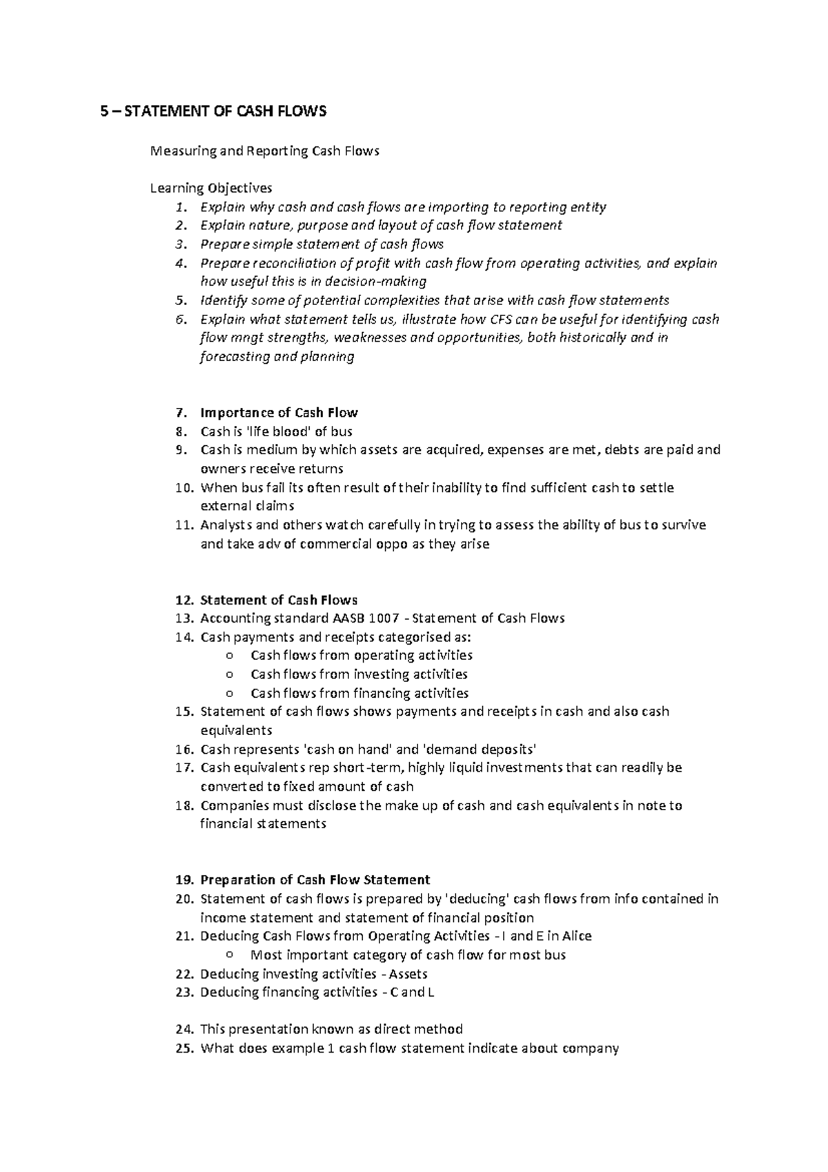 ACFI1001 5 - lecture notes and workshop - 5 – STATEMENT OF CASH FLOWS ...