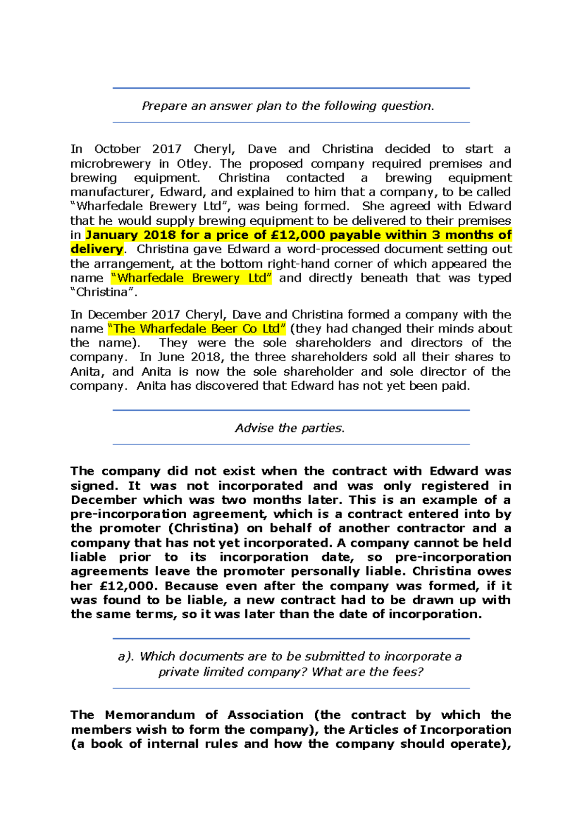 Separate legal personality - Answer plan - Prepare an answer plan to ...