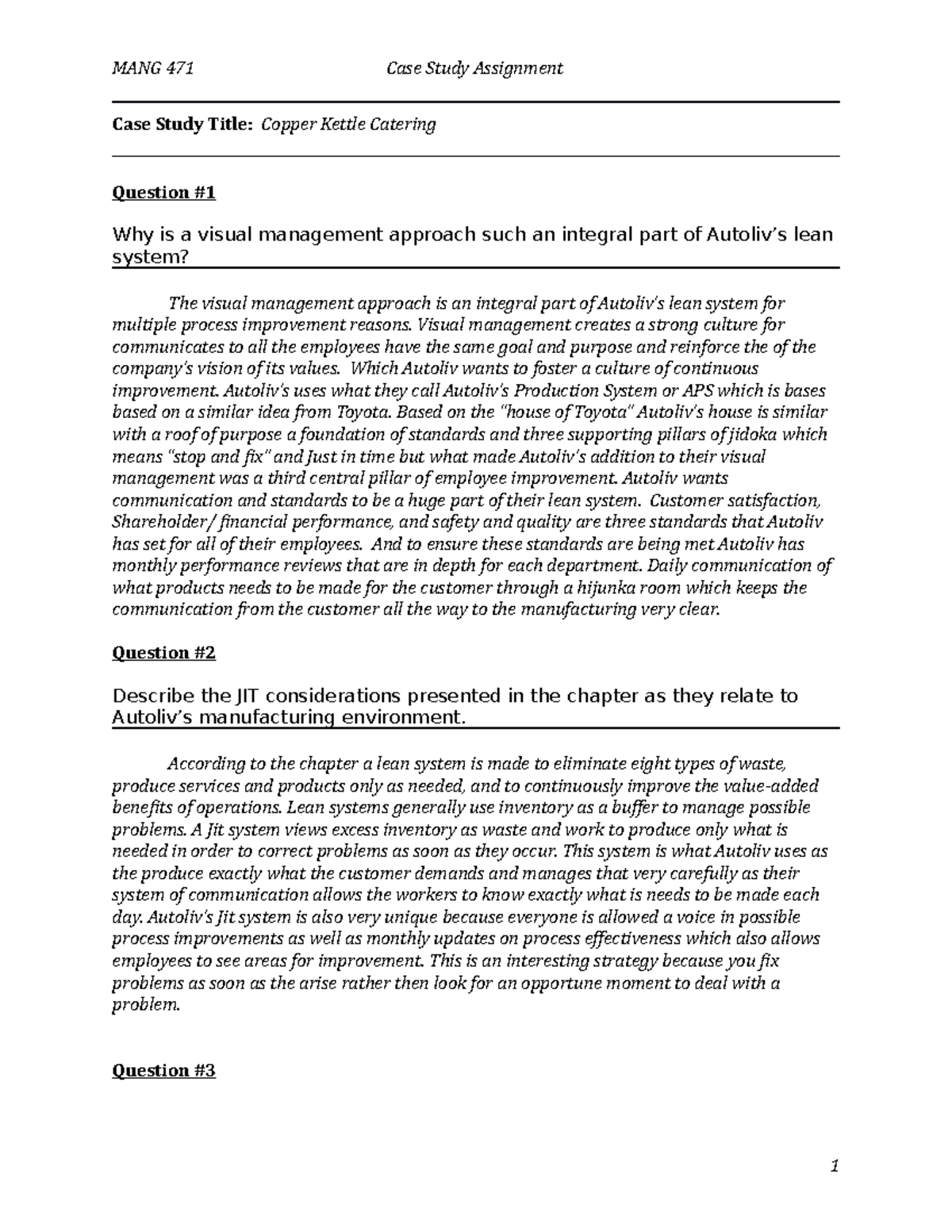 Case Study Copper Kettle Catering MANG 471 Case Study Assignment Case Study Title Copper