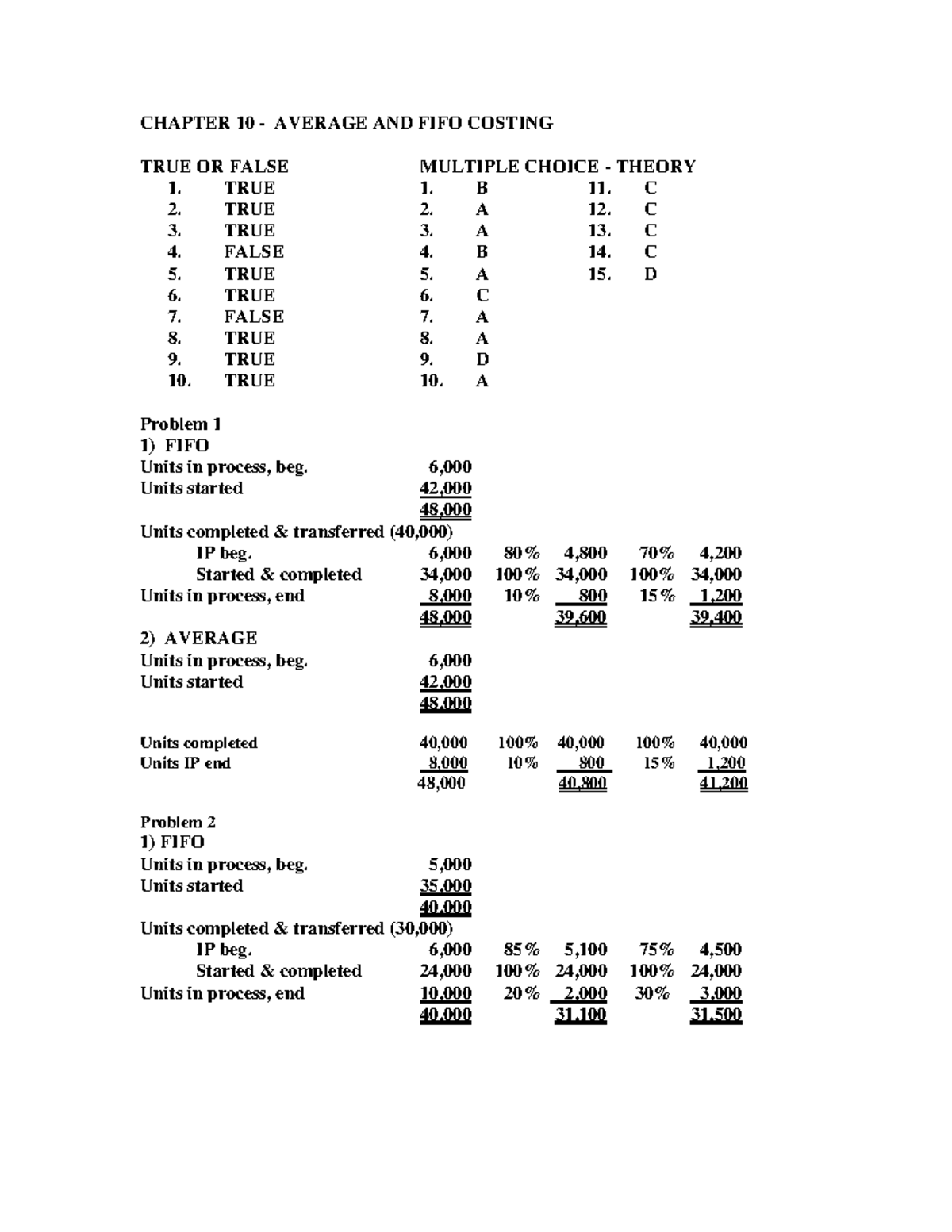 269420886 Cost Accounting Chapter 10 Chapter 10 Average And Fifo Costing True Or False 2865