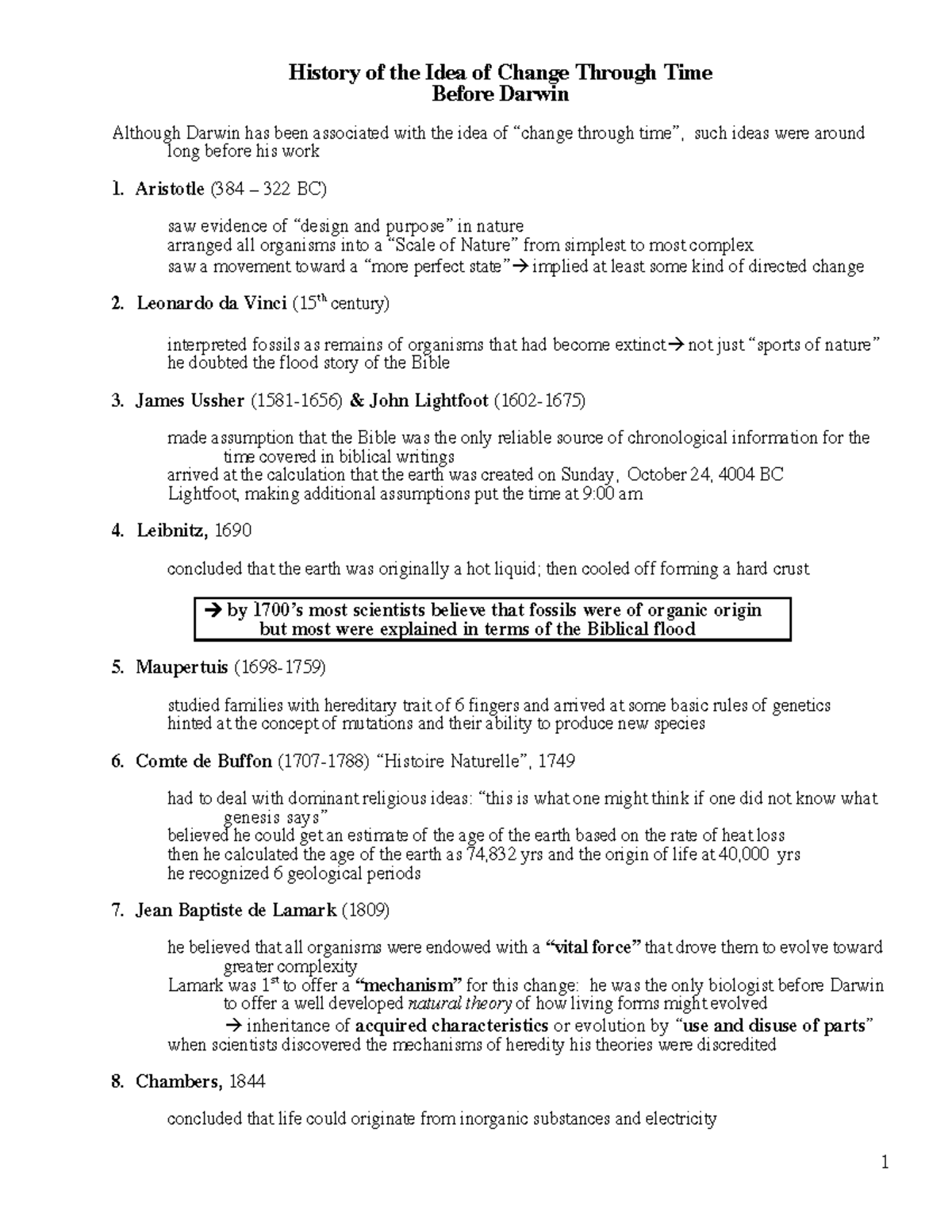 Before Darwin - Handout - 1 History of the Idea of Change Through Time ...