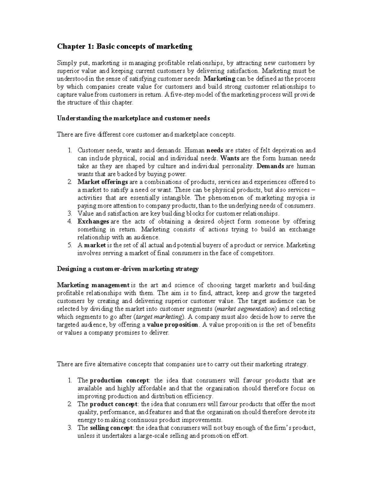 Summary Chapter 1 - marketing notes - Chapter 1: Basic concepts of ...
