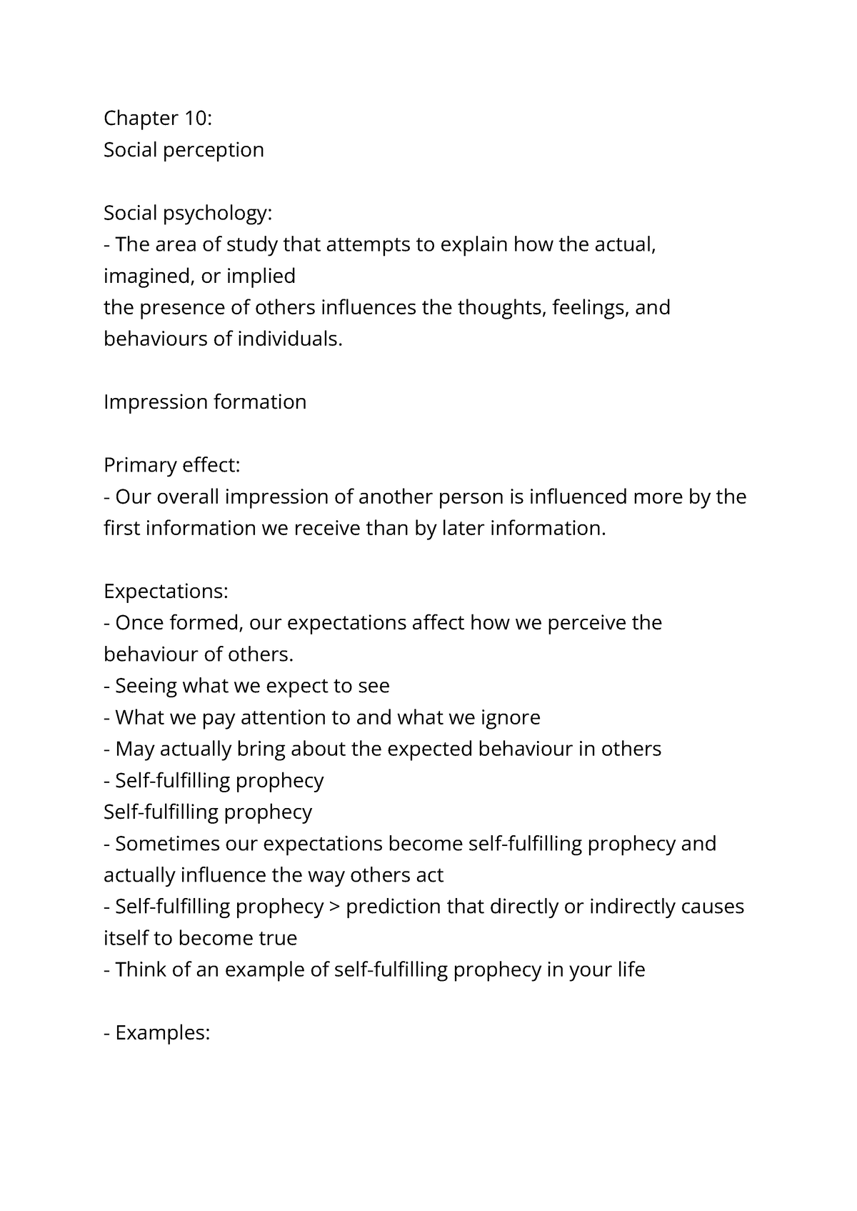 Chapter 10 - PSYC NOTES 2020 - Chapter 10: Social perception Social ...