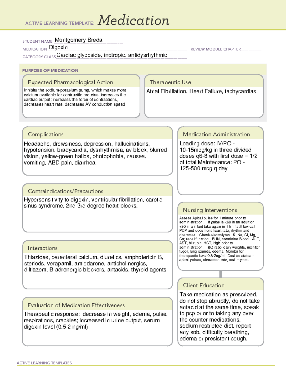 Digoxin - notes - ACTIVE LEARNING TEMPLATES Medication STUDENT NAME ...