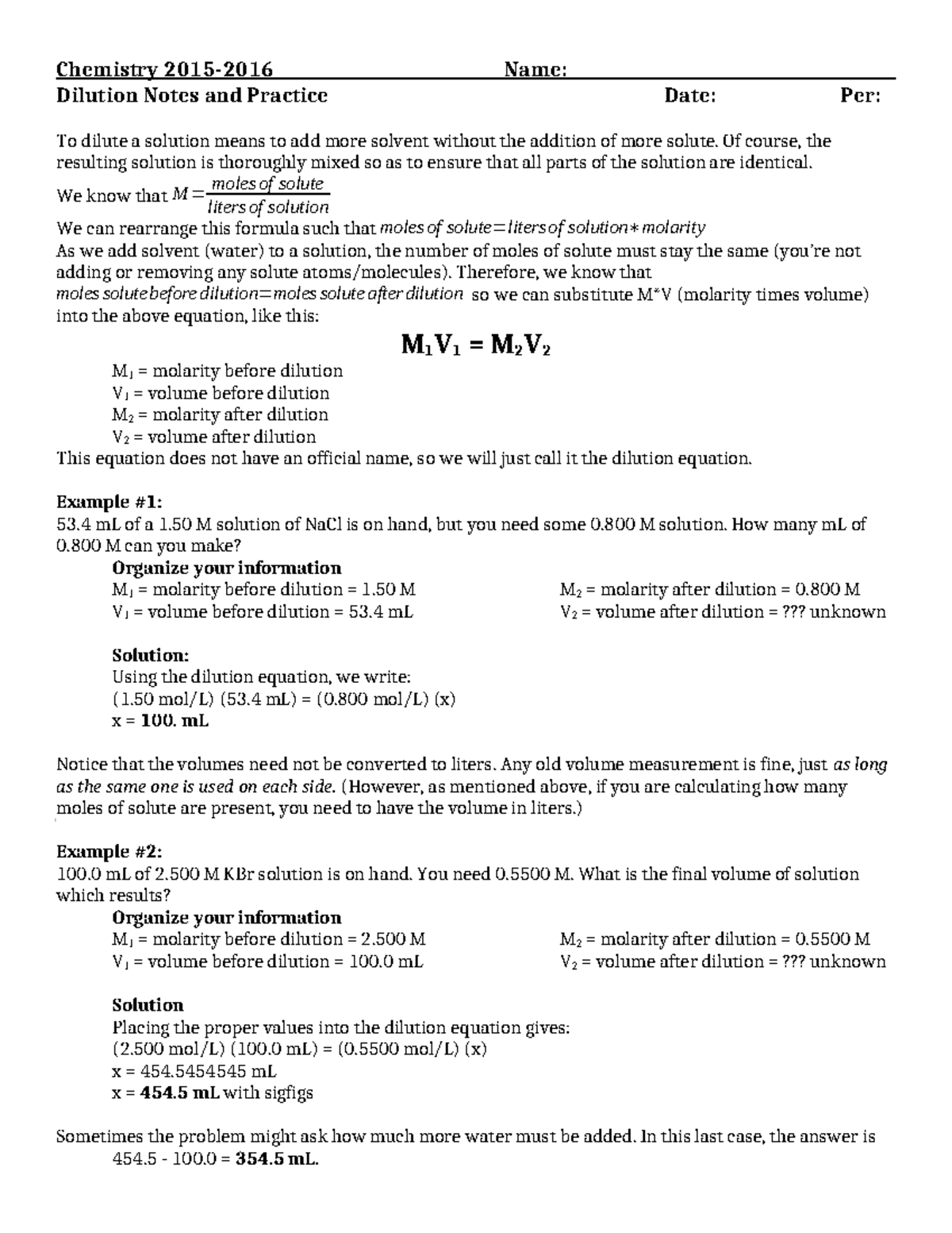 04NP Dilutions - Math hw - Chemistry 2015-2016 Name: Dilution Notes and ...
