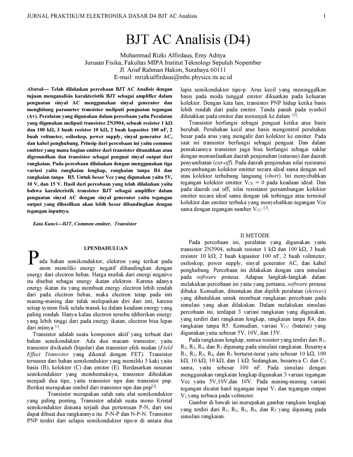 AC Analisis - Laporan Praktikum Elektronika Dasar - Abstrak— Telah ...