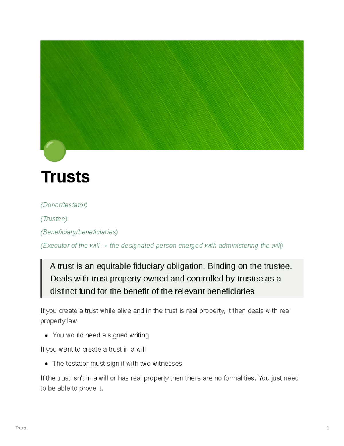 Trusts 🟢 Trusts (Donor/testator) (Trustee) (Beneficiary/beneficiaries