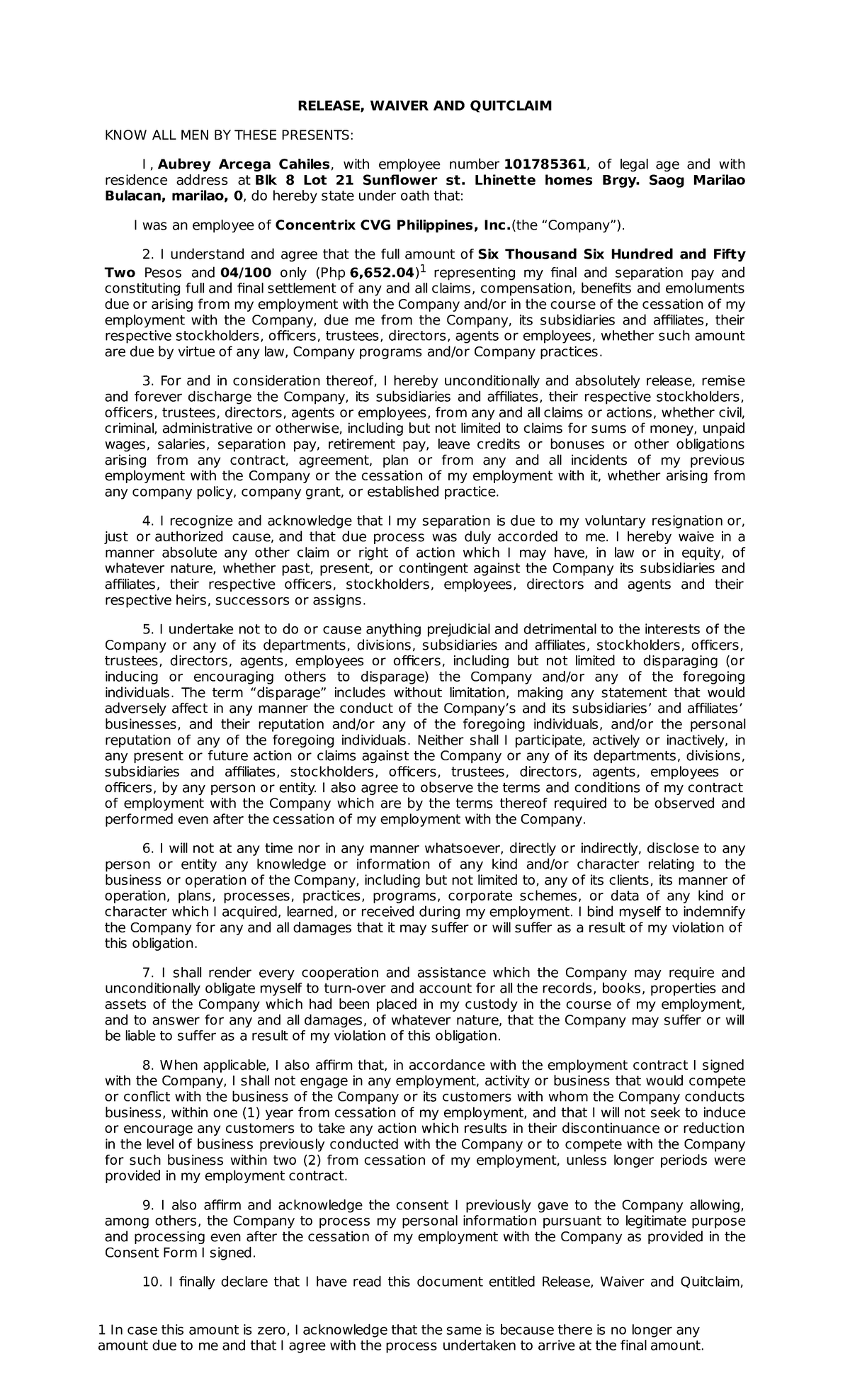 101785361 Cahiles 7 2022 Waiver Report RELEASE WAIVER AND QUITCLAIM