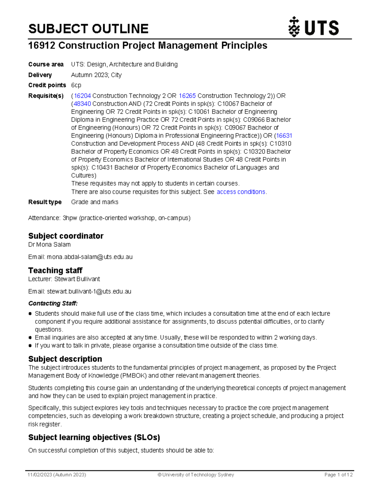 The Course Outline - SUBJECT OUTLINE 16912 Construction Project ...