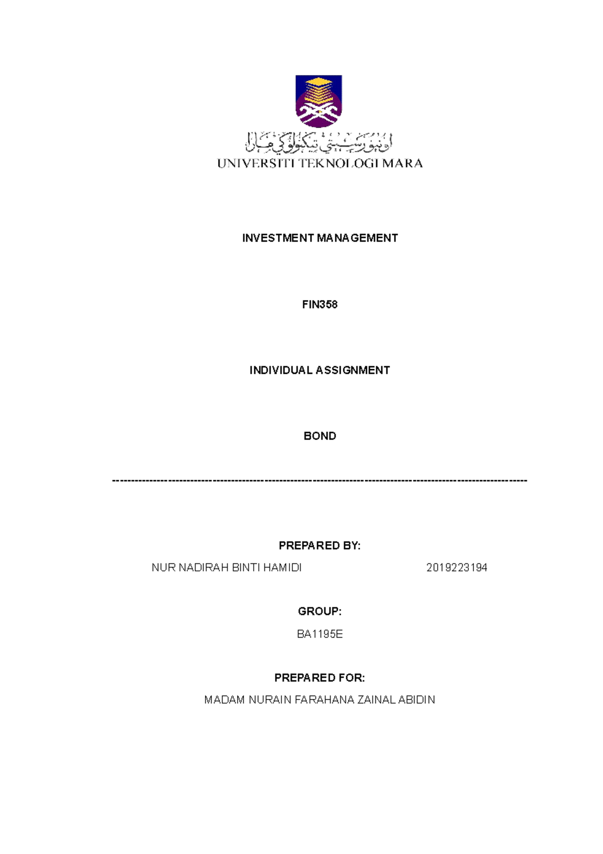 FIN358 Individual Assignment - INVESTMENT MANAGEMENT FIN INDIVIDUAL ...