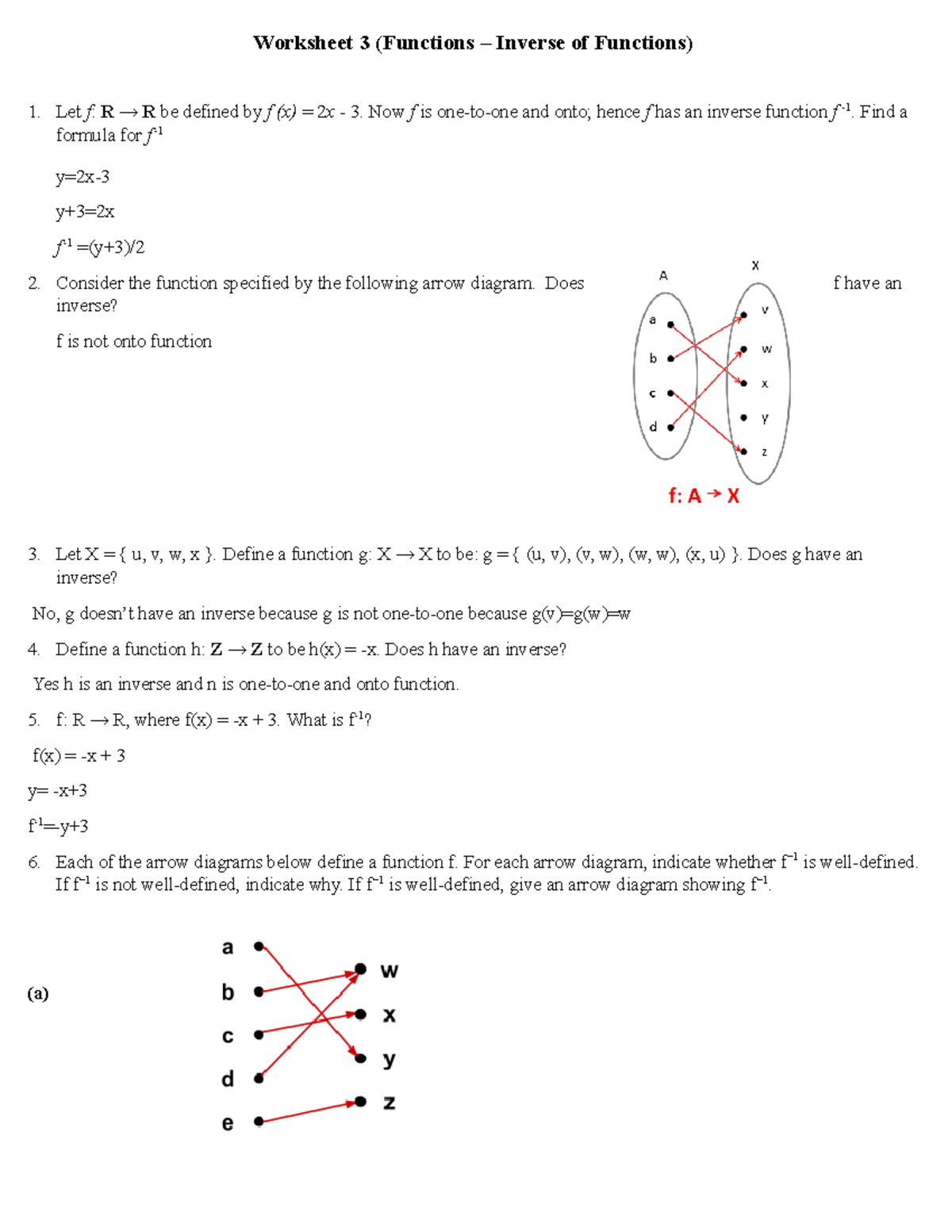 Worksheet Functions 3 Inverse - Worksheet 3 (functions – Inverse Of 