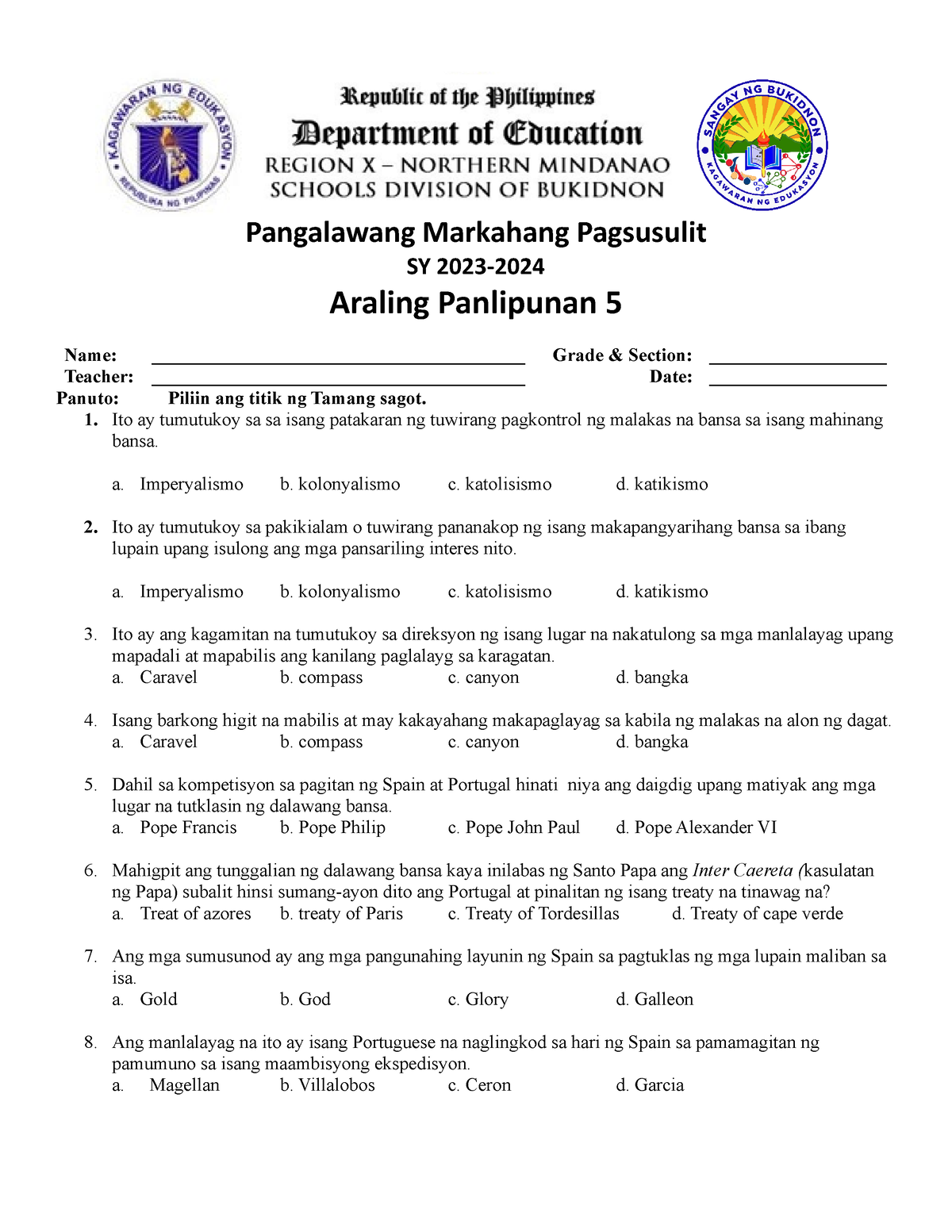 AP5-Q2 - NONE - Pangalawang Markahang Pagsusulit SY 2023- Araling ...