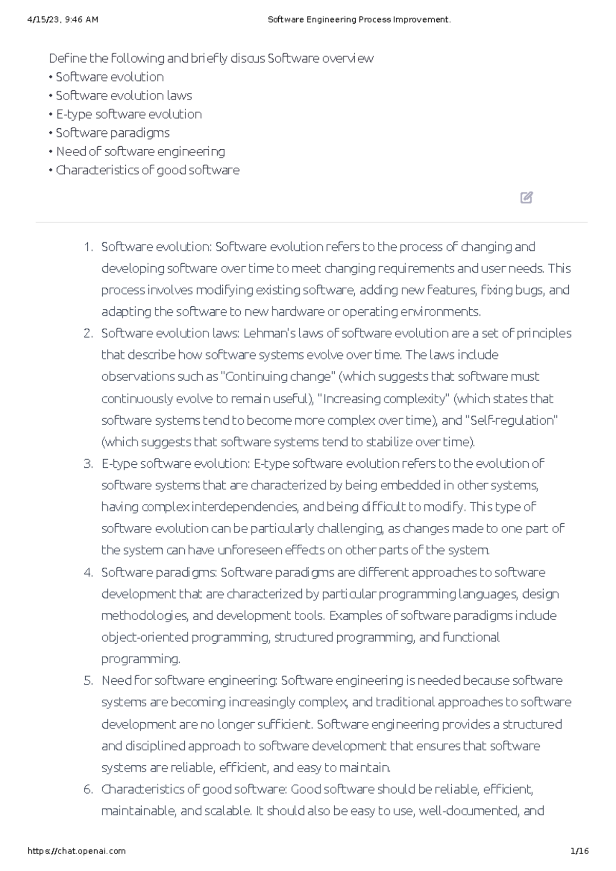 Summary of software engineering Define the following and briefly