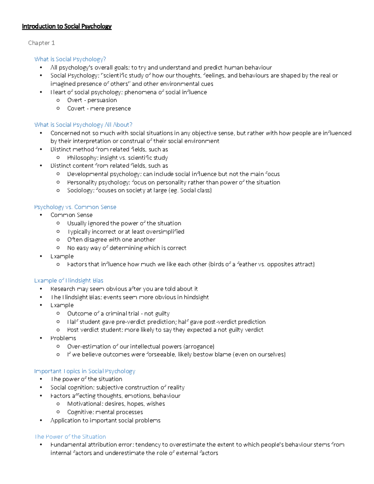 Lecture notes, lecture 1-6 - Introduction to Social Psychology Chapter ...