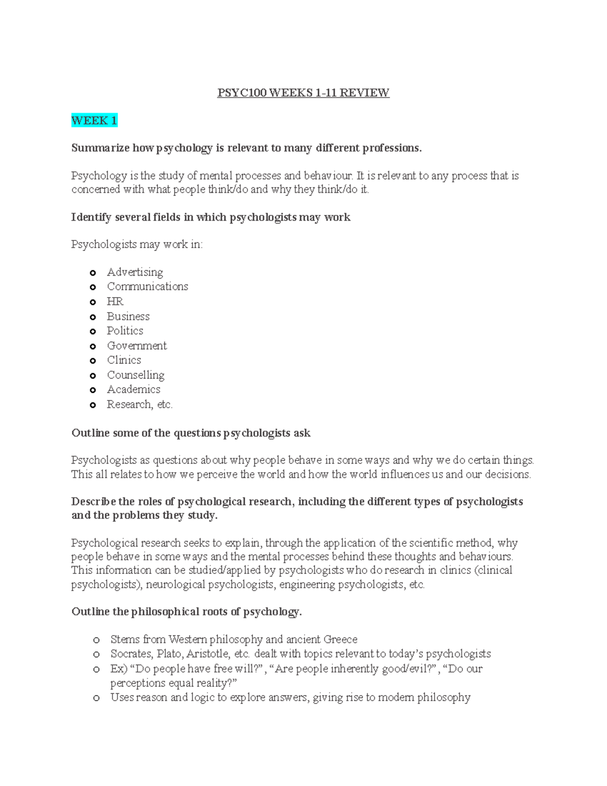 Psyc Review Notes - PSYC100 WEEKS 1-11 REVIEW WEEK 1 Summarize how ...