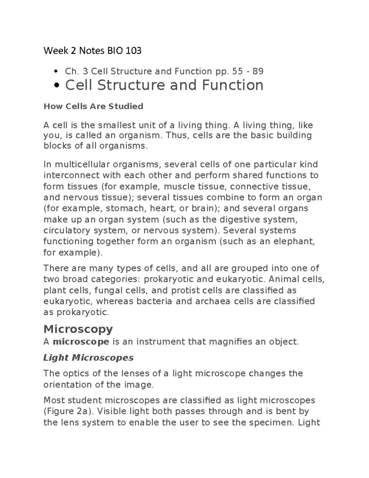 Week 2 Notes BIO 103 Chapter 3 notes - Week 2 Notes BIO 103 Ch. 3 Cell ...