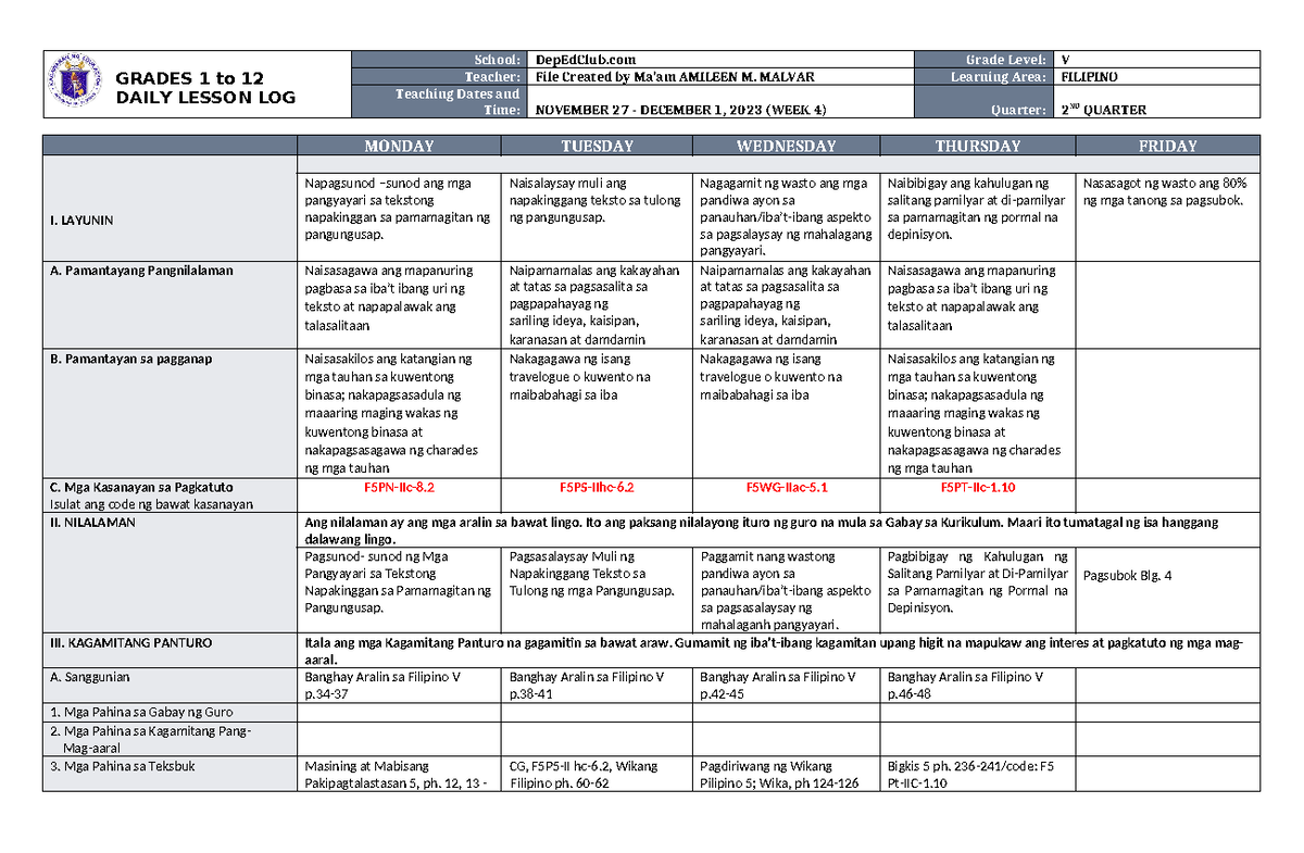 DLL Filipino 5 Q2 W4 - GRADES 1 to 12 DAILY LESSON LOG School ...