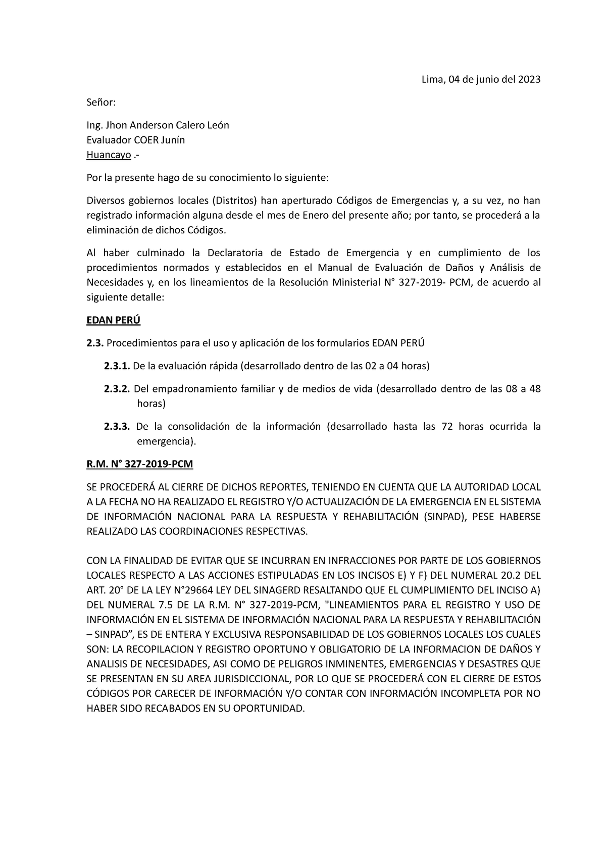 X Eliminación DE Códigos EN EL Sinpad - Lima, 04 de junio del 2023 ...