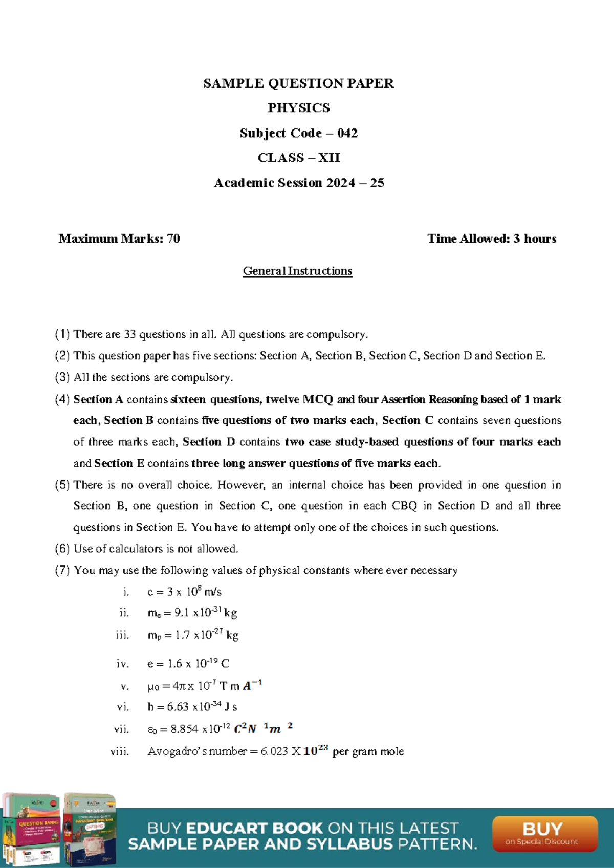 202425 CBSE Class 12 Physics SQP SAMPLE QUESTION PAPER PHYSICS Subject Code 042 CLASS XII