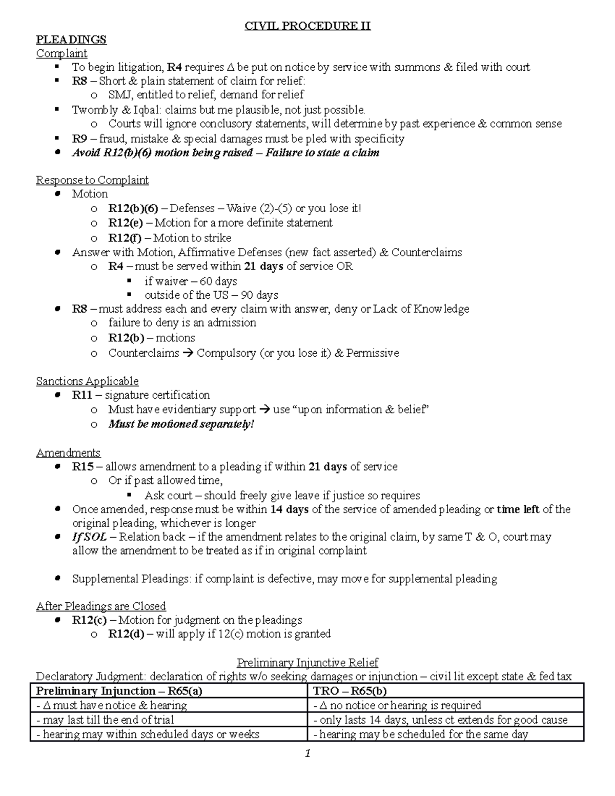 Civil Procedure II Outline] - CIVIL PROCEDURE II PLEADINGS Complaint To ...