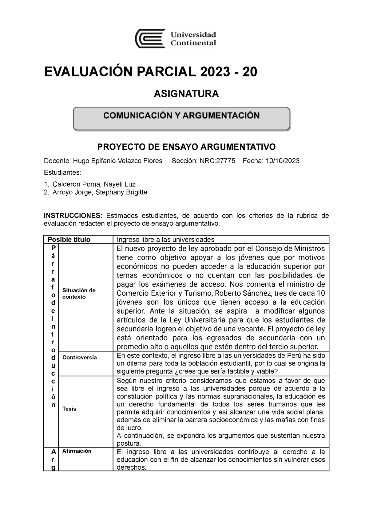 Formato Proyecto Ensayo Argumentativo 2023-20 - EVALUACIÓN PARCIAL 2023 ...