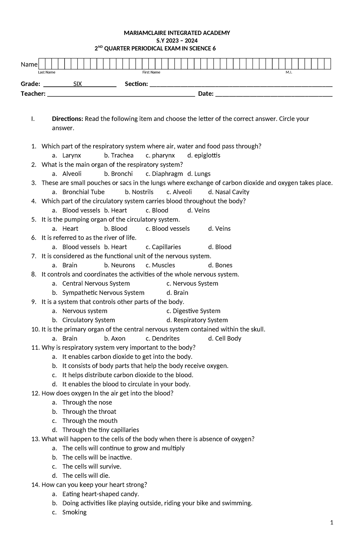 Science 6 2ND Quarter EXAM - MARIAMCLAIRE INTEGRATED ACADEMY S 2023 ...