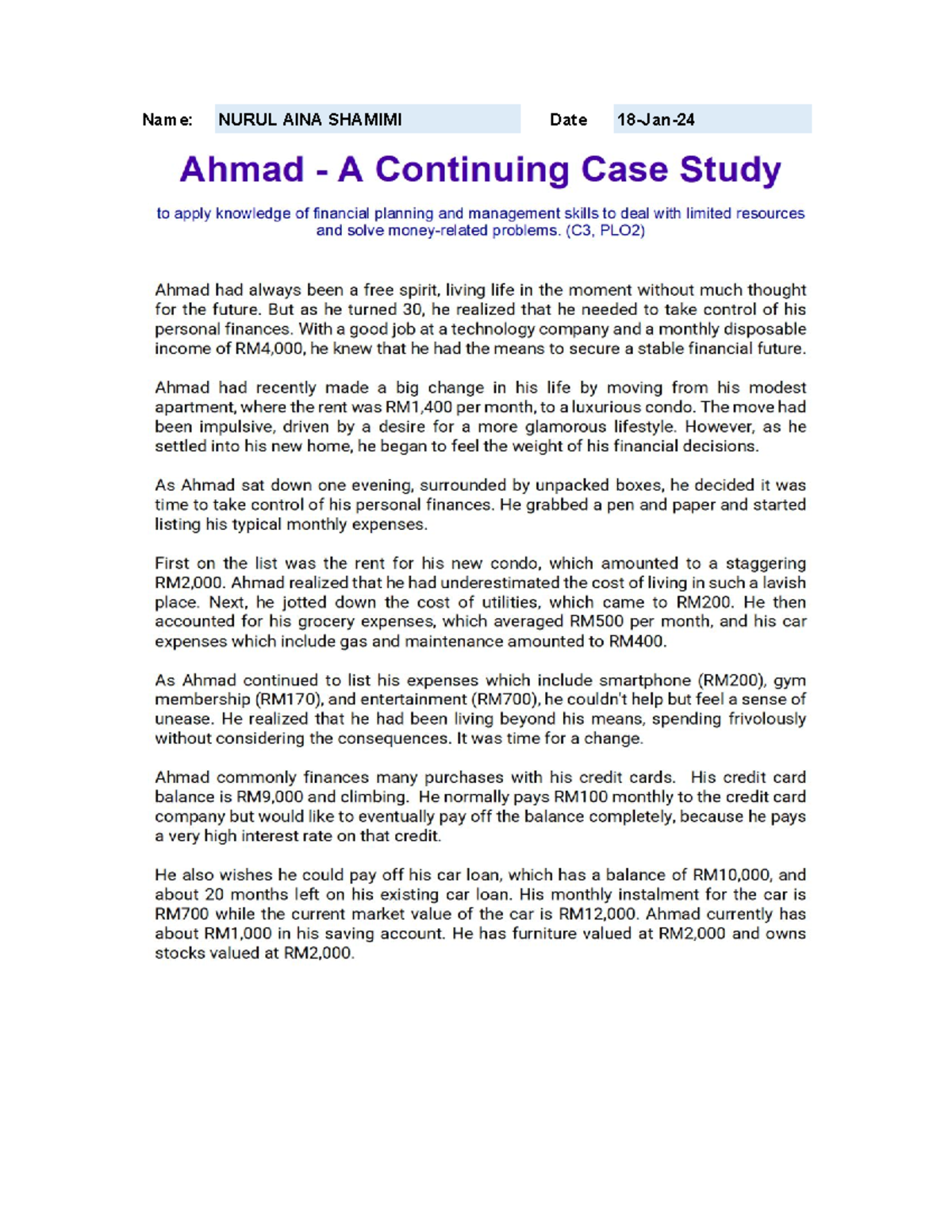 Individual Assignment CASE Study Workbook - Q ASSETS Liquid assets ...