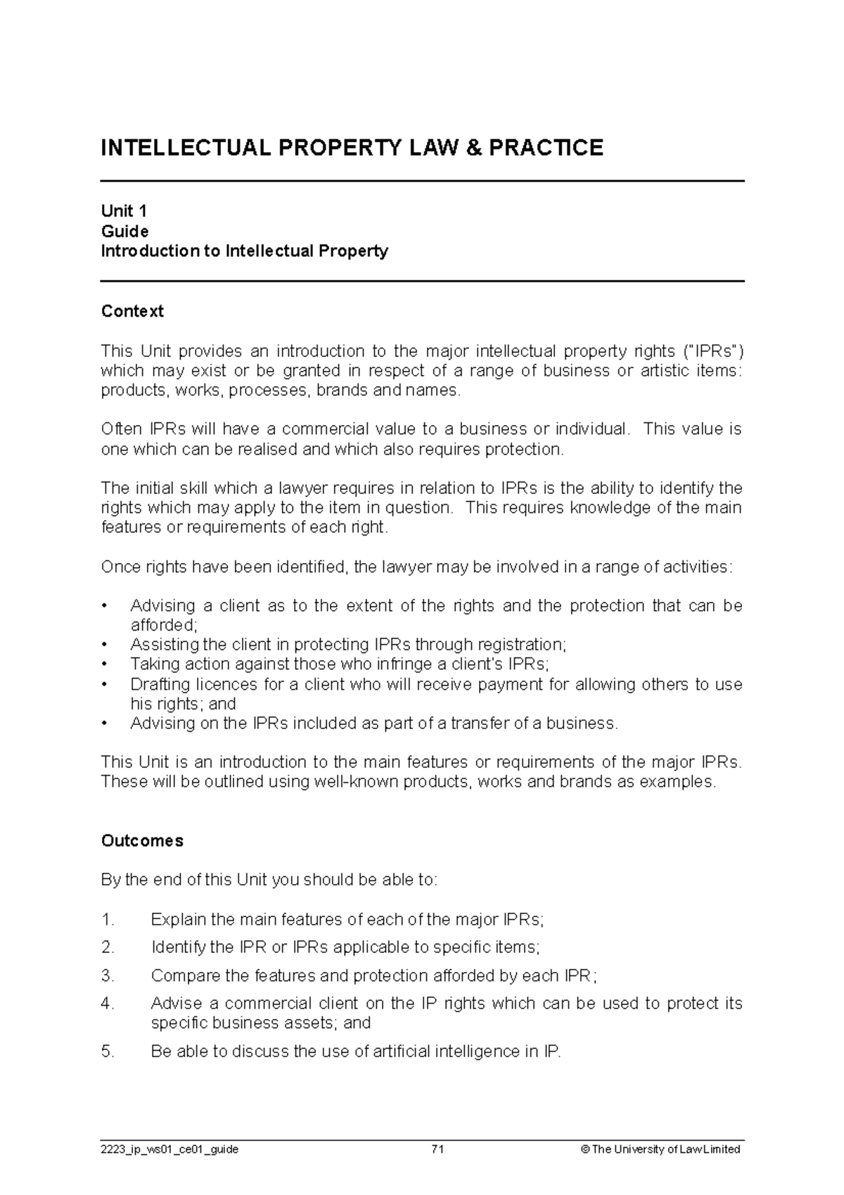 IP Workshop 1 - INTELLECTUAL PROPERTY LAW & PRACTICE Unit 1 Guide ...
