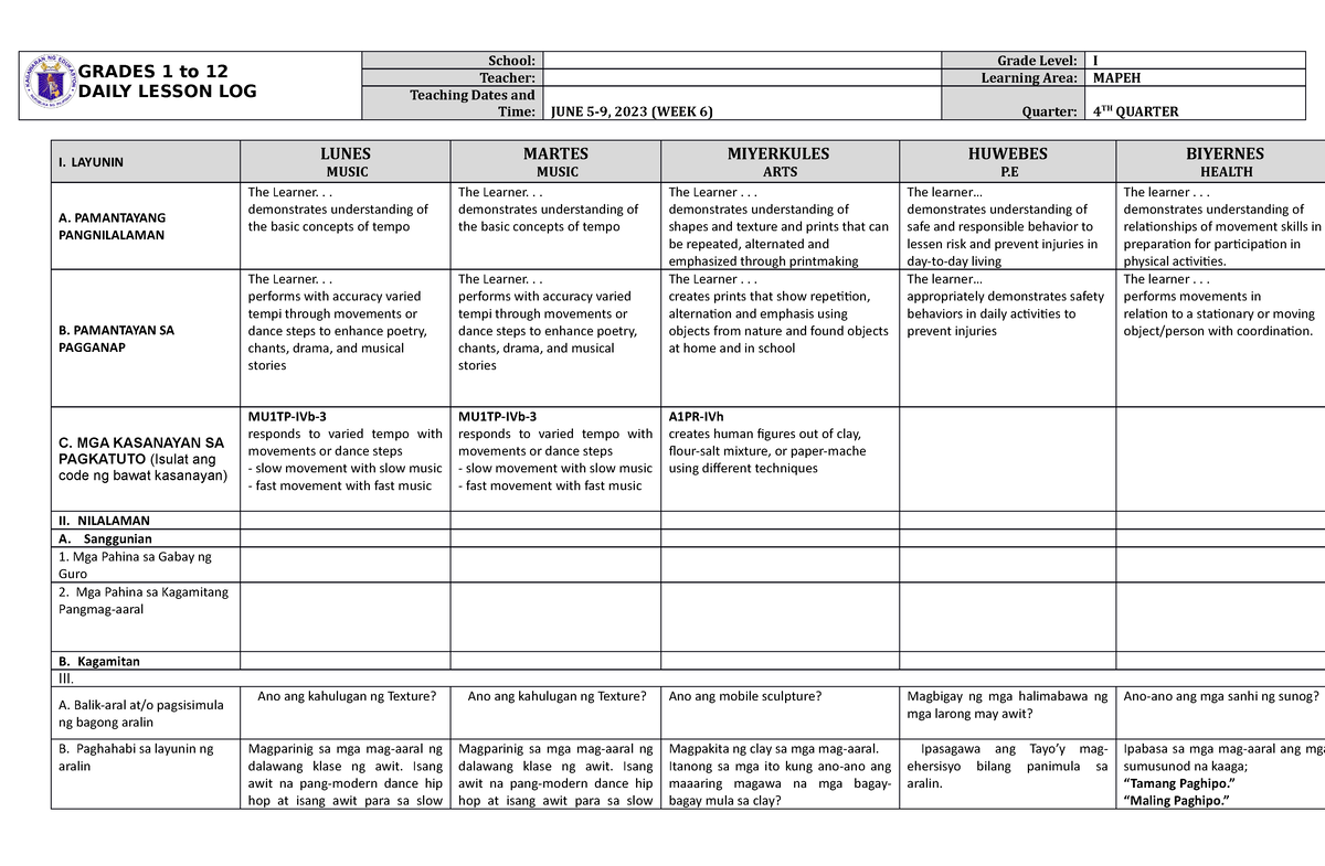 Dll Mapeh 1 Q4 W6 Dll Grades 1 To 12 Daily Lesson Log School Grade Level I Teacher 5957