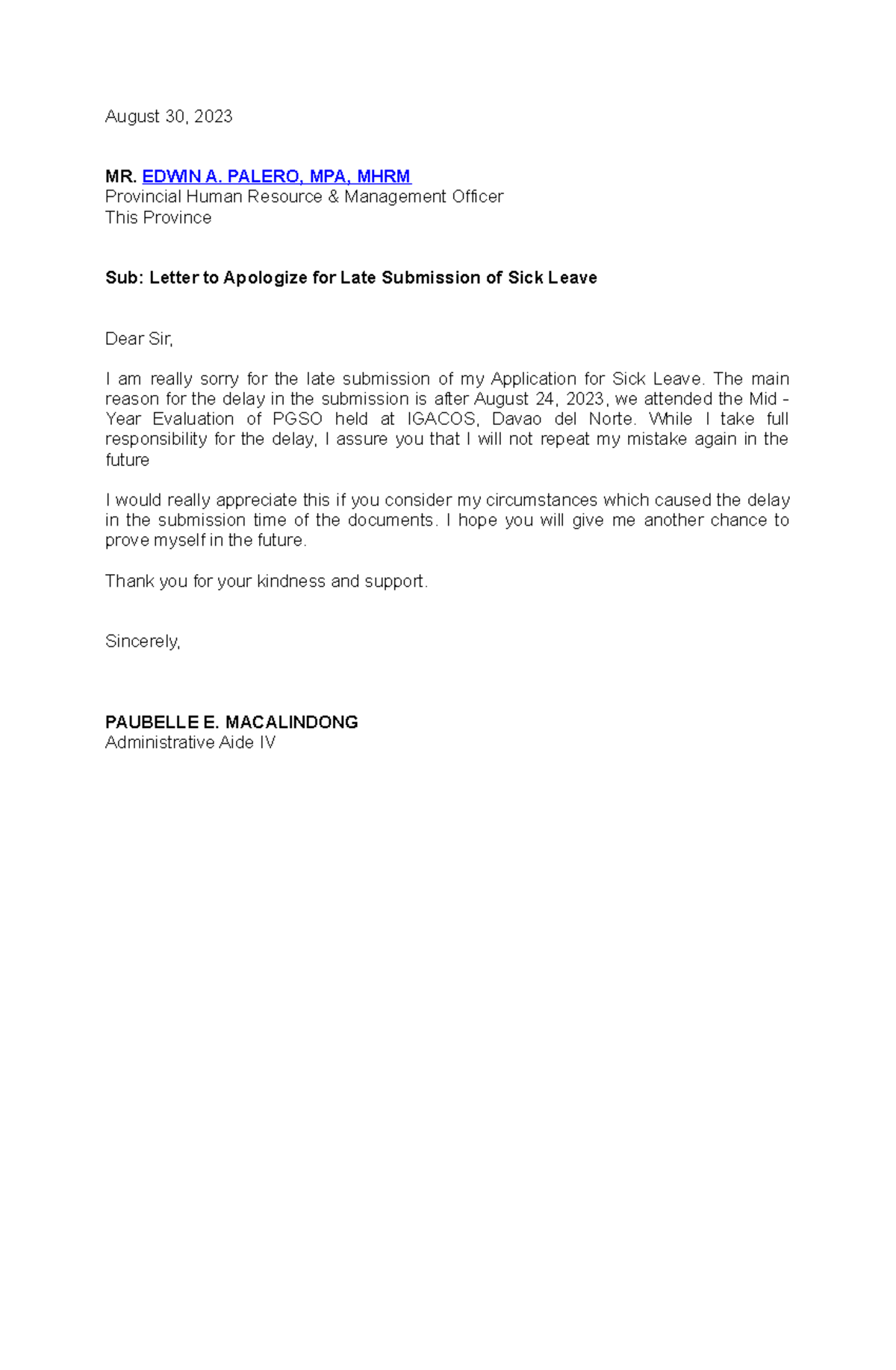 LATE Filing OF Leave - August 30, 2023 MR. EDWIN A. PALERO, MPA, MHRM ...