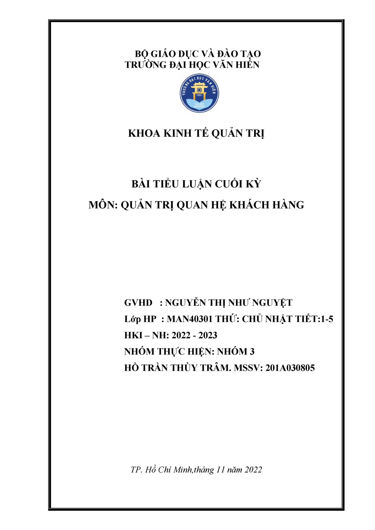 TIỂU LUẬN QUẢN TRỊ QUAN HỆ Khách HÀNG - BỘ GIÁO DỤC VÀ ĐÀO TẠO TRƯỜNG ...