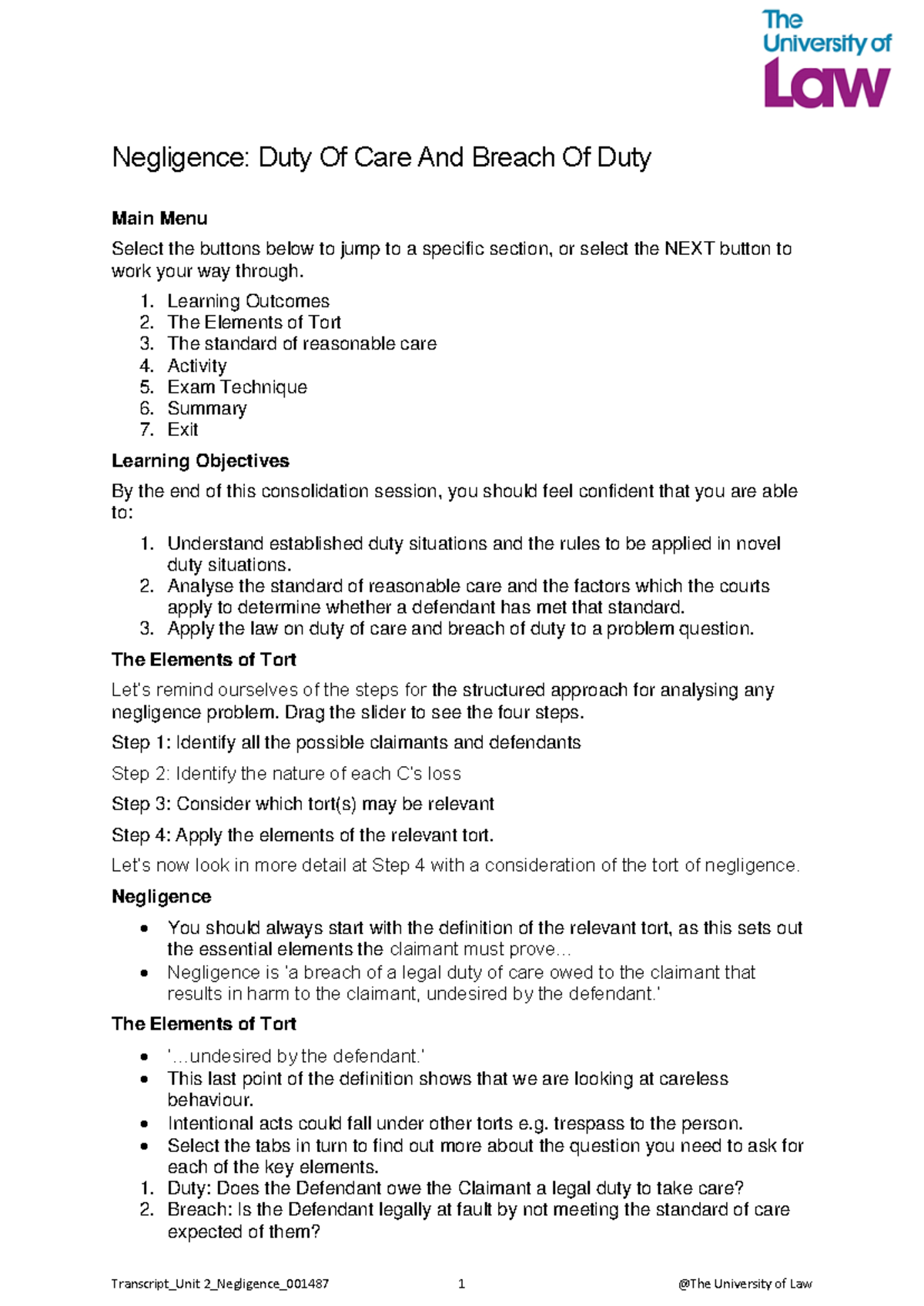 U2 Negligence - Duty of care and Breach of Duty 001487 - Negligence ...