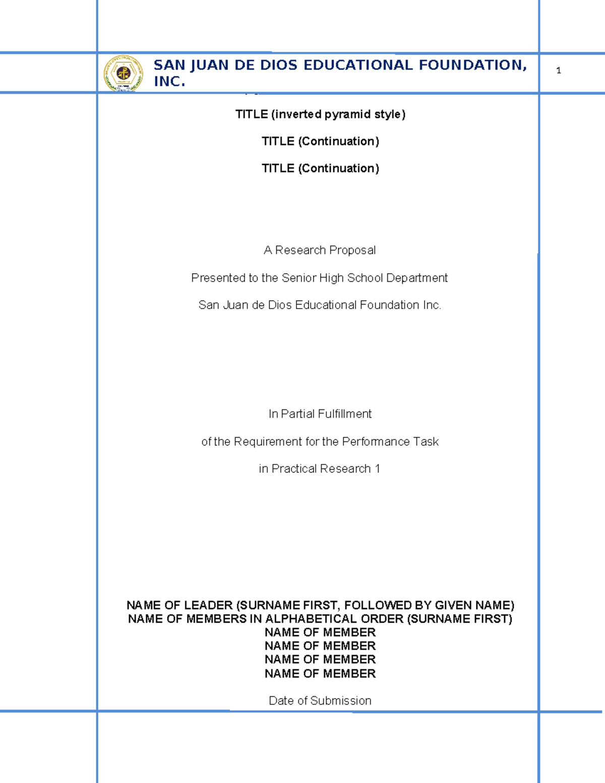 Research Format - INC. Senior High School Department TITLE (inverted ...
