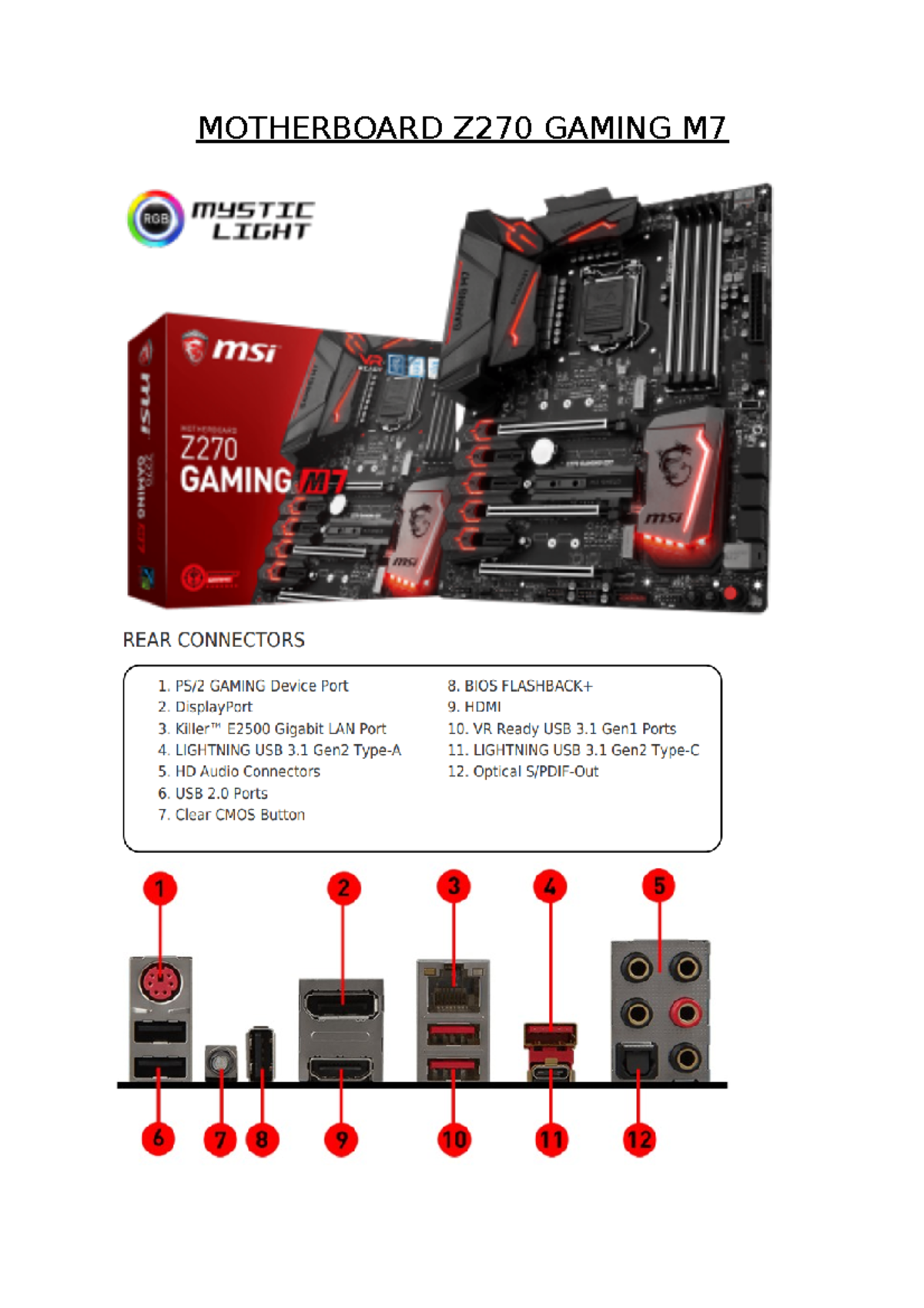 Motherboard Z270 Gaming M7 MOTHERBOARD Z270 GAMING M Especificaciones