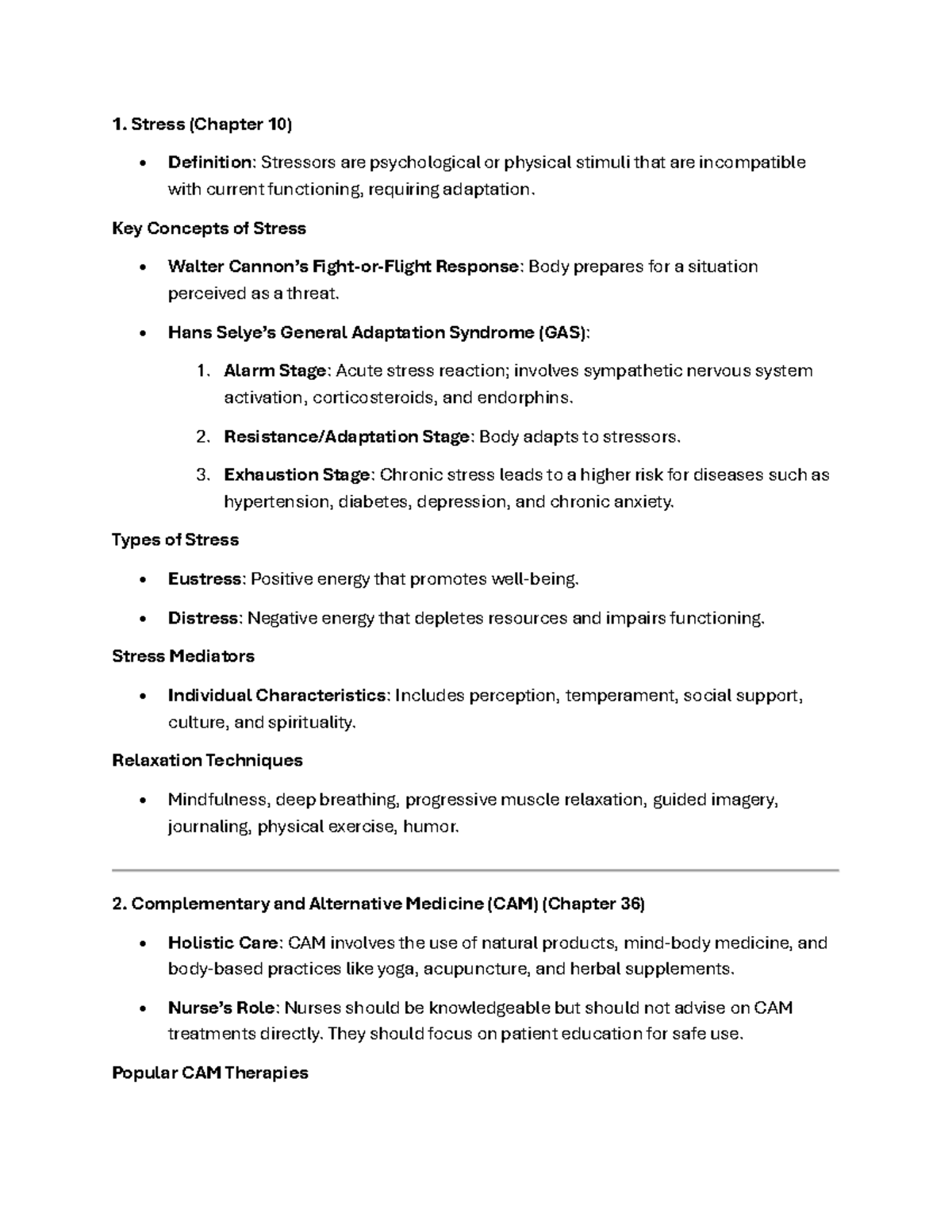 Study guide MH exam 2 - 1. Stress (Chapter 10) Definition: Stressors ...