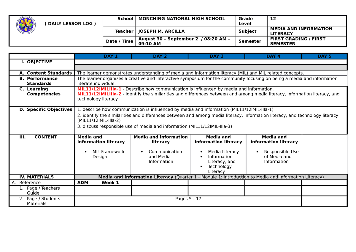 1 DLL- Week 1 Ok - Use As Guide Only - ( DAILY LESSON LOG ) School ...