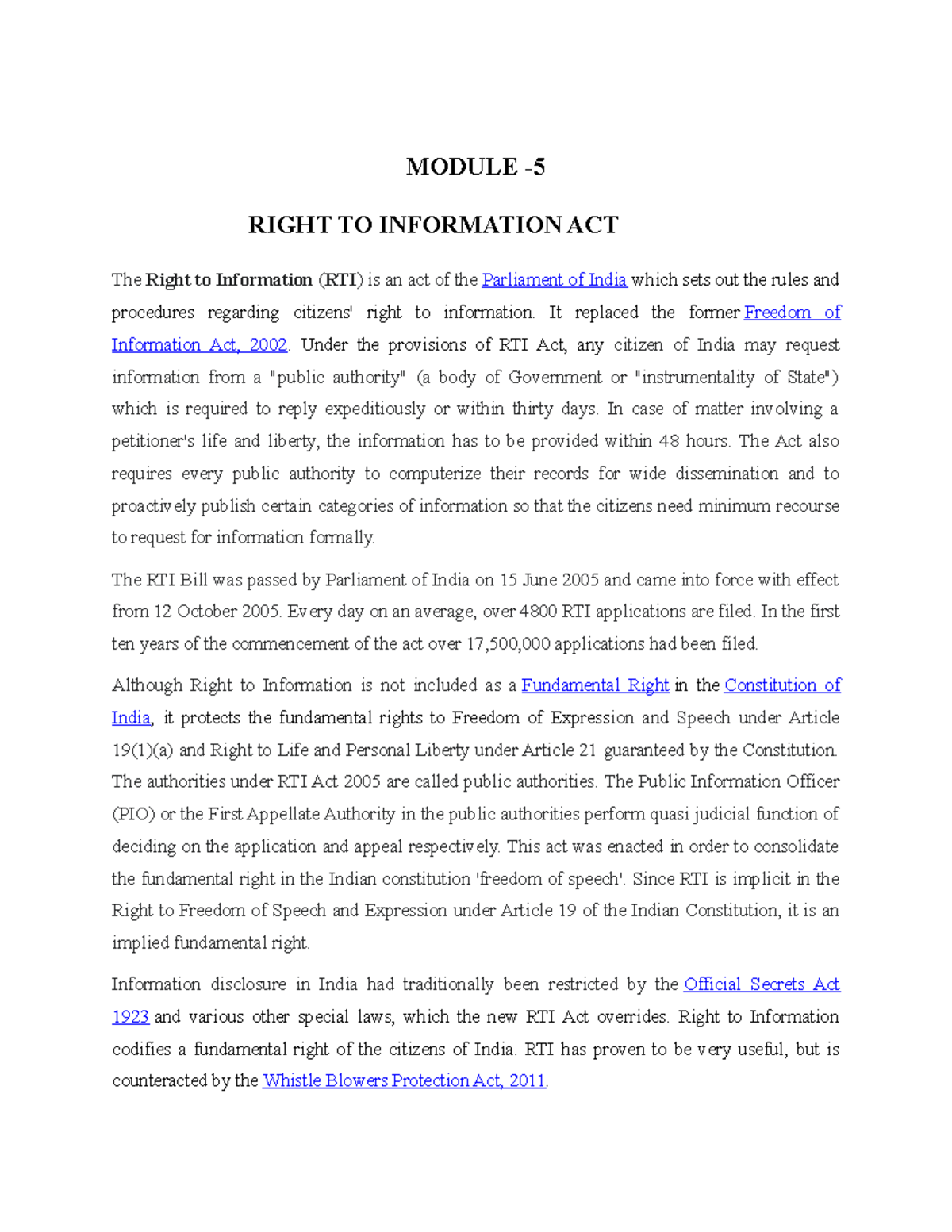 right to information act assignment