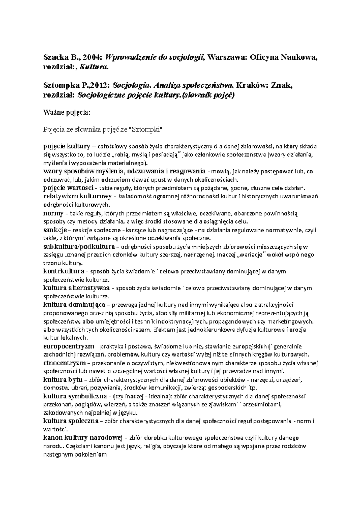 Wstęp do socjologii ćwiczenia - Szacka B., 2004: Wprowadzenie do