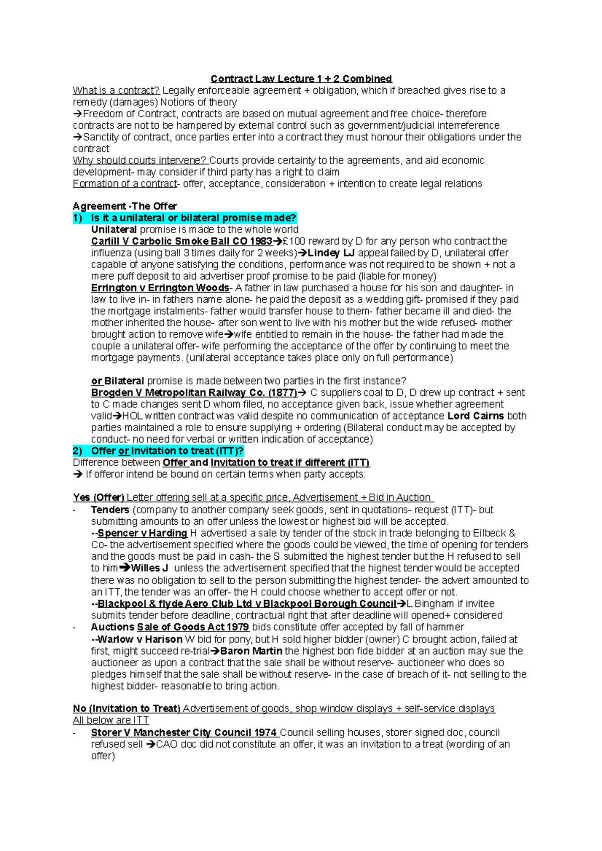 Contract Law Notes (1) - Contract Law Lecture 1 + 2 Combined What is a ...
