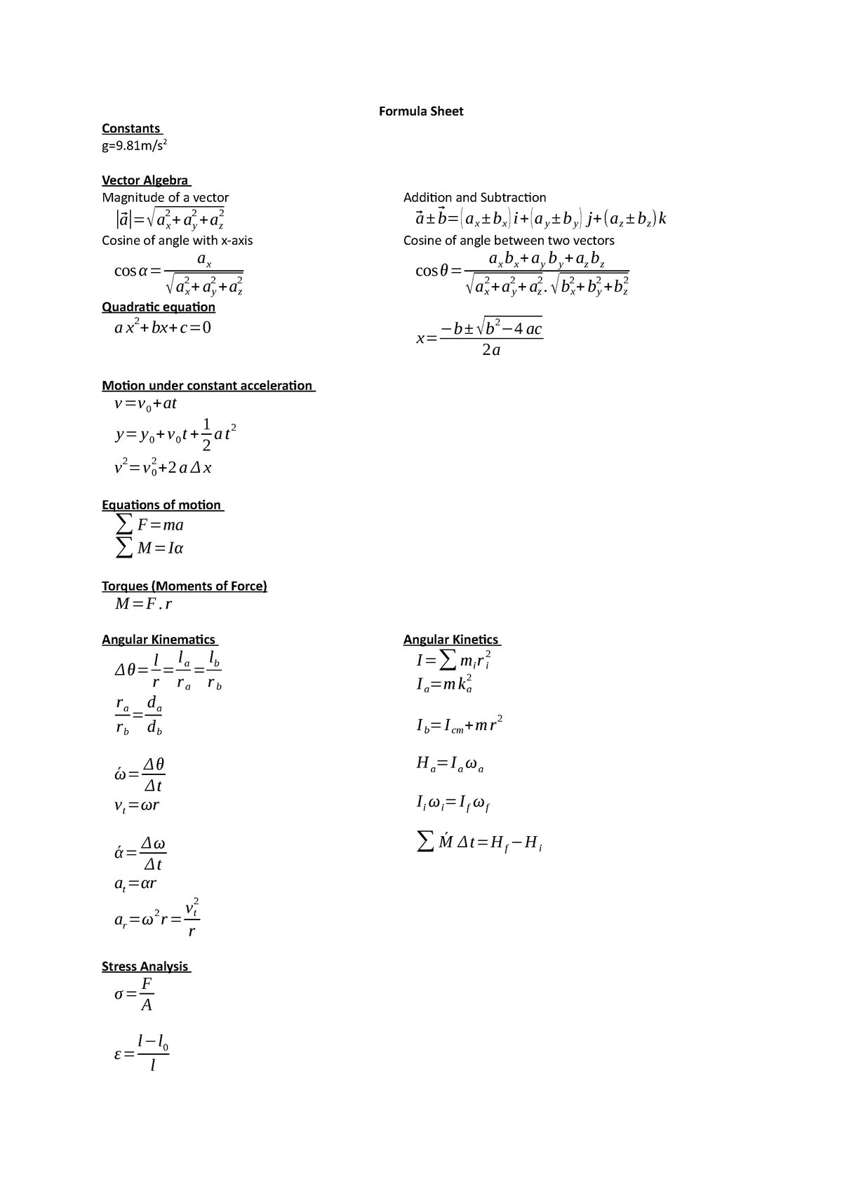 Formula Sheet - Formula Sheet Constants g=9/s2 Vector Algebra Magnitude