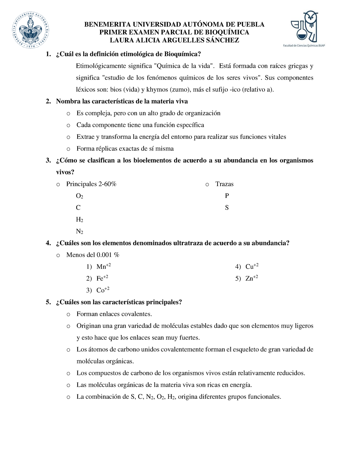 Examen 1 Bioquímica. Arguelles Sanchez - PRIMER EXAMEN PARCIAL DE ...