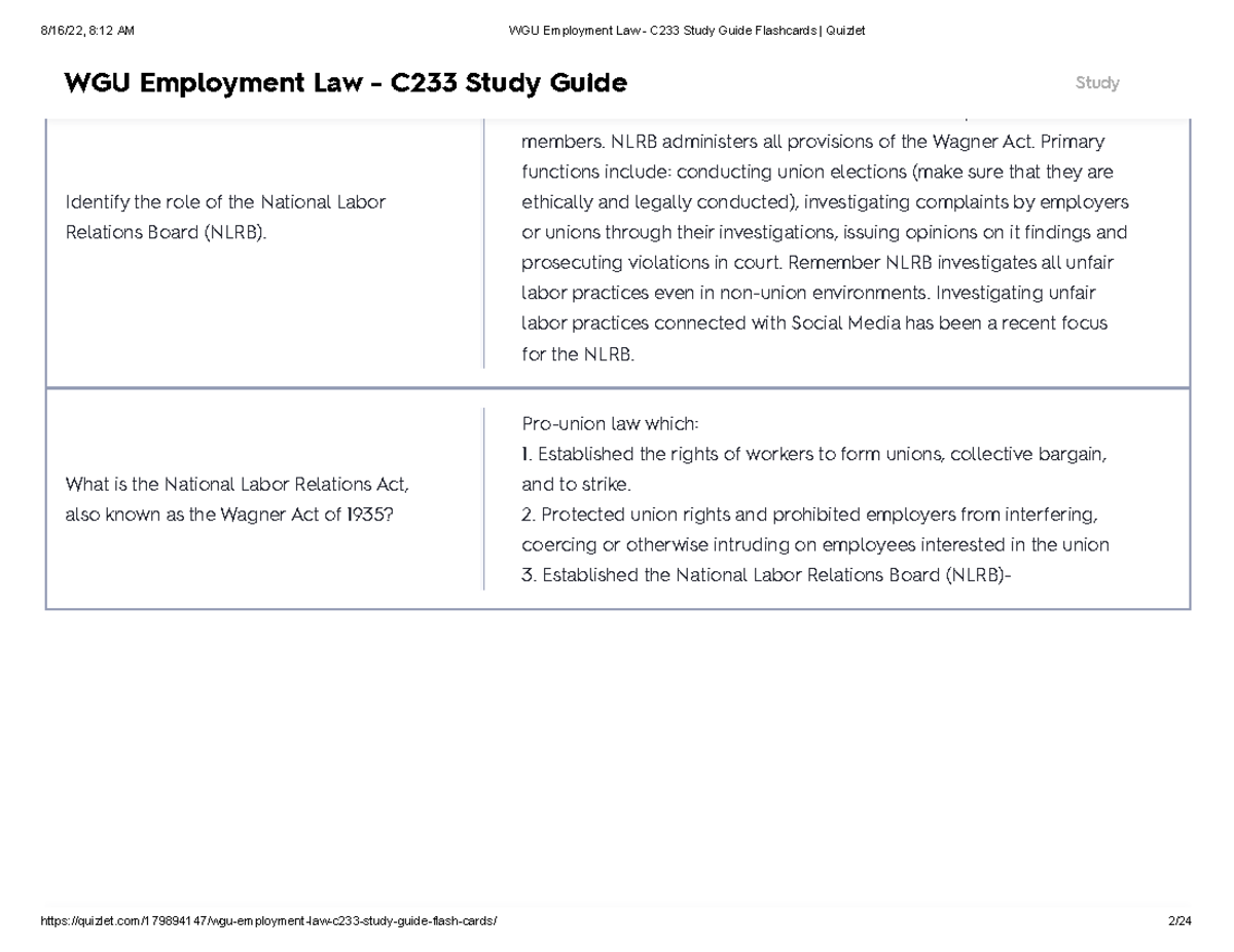 WGU Employment Law - C233 Study Guide Flashcards Quizlet - Identify The ...