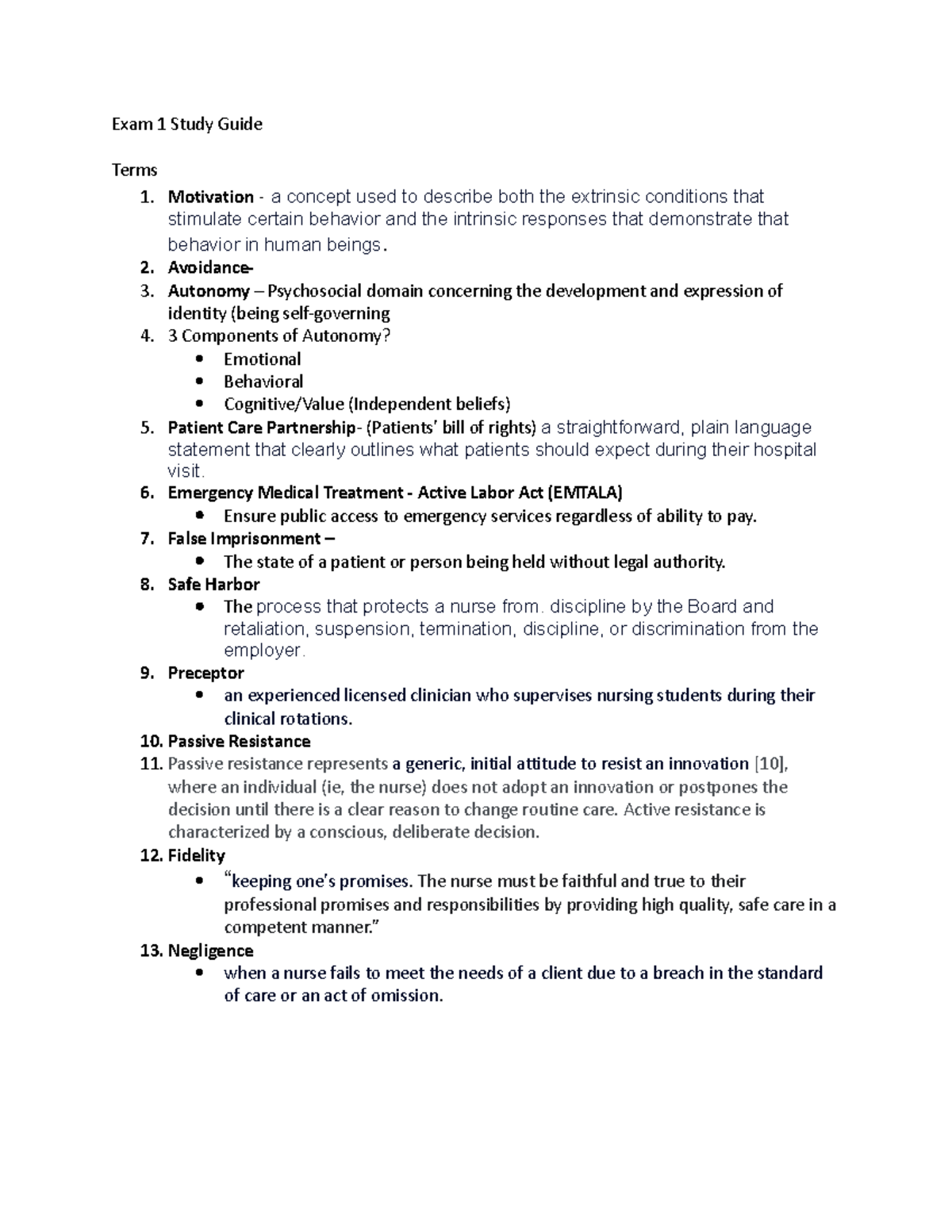 Exam 1 Study Guide - Exam 1 Study Guide Terms 1. Motivation - a concept ...