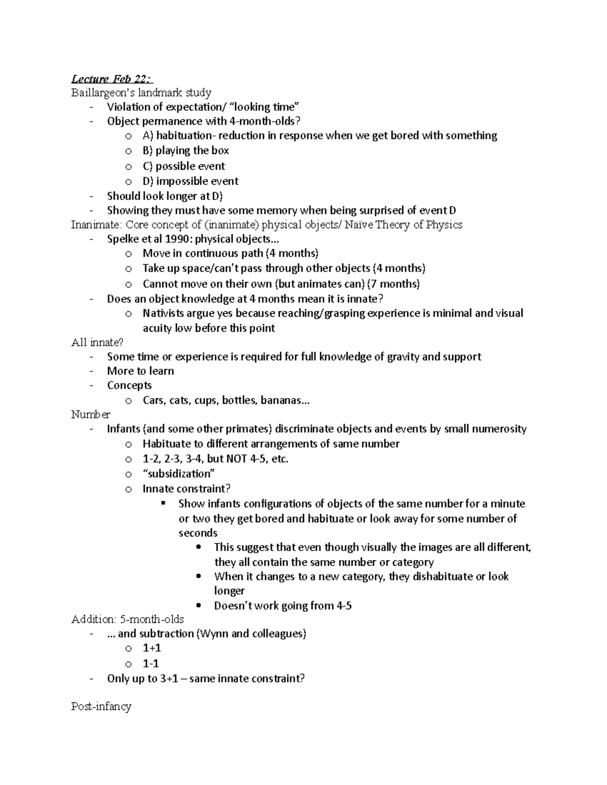 Developmental psych notes - Lecture Feb 22: Baillargeon’s landmark ...