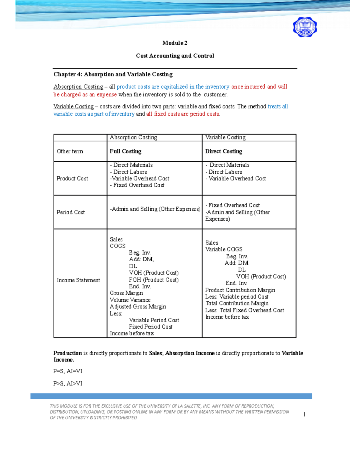 Module 2 Absorption and Variable Costing - THIS MODULE IS FOR THE ...