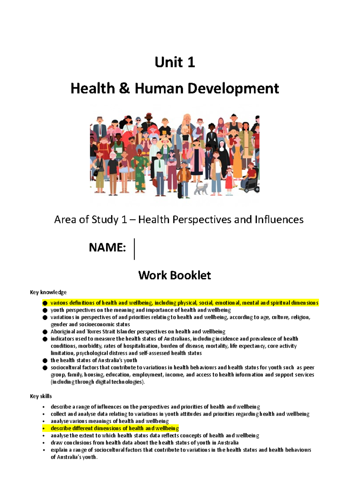 Unit 1 - Ao S 1 - Work Booklet HHD1 - Unit 1 Health & Human Development ...