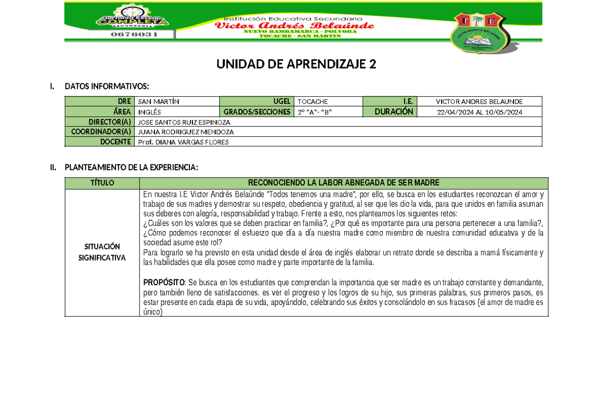 Unidad DOS DE Aprendizaje 2024 2° - UNIDAD DE APRENDIZAJE 2 I. DATOS ...