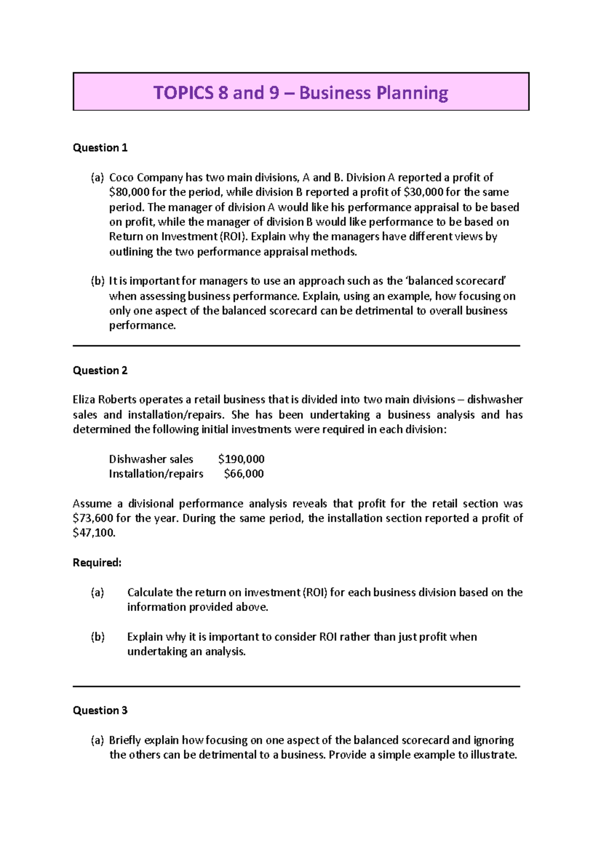 Topics 8 9 - Business Planning and Performance - S2 2022 - TOPICS 8 and ...
