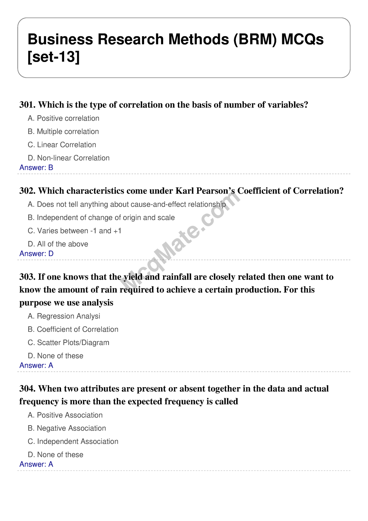 Business Research Methods (BRM) Solved MCQs [set-13] Mcq Mate.com ...