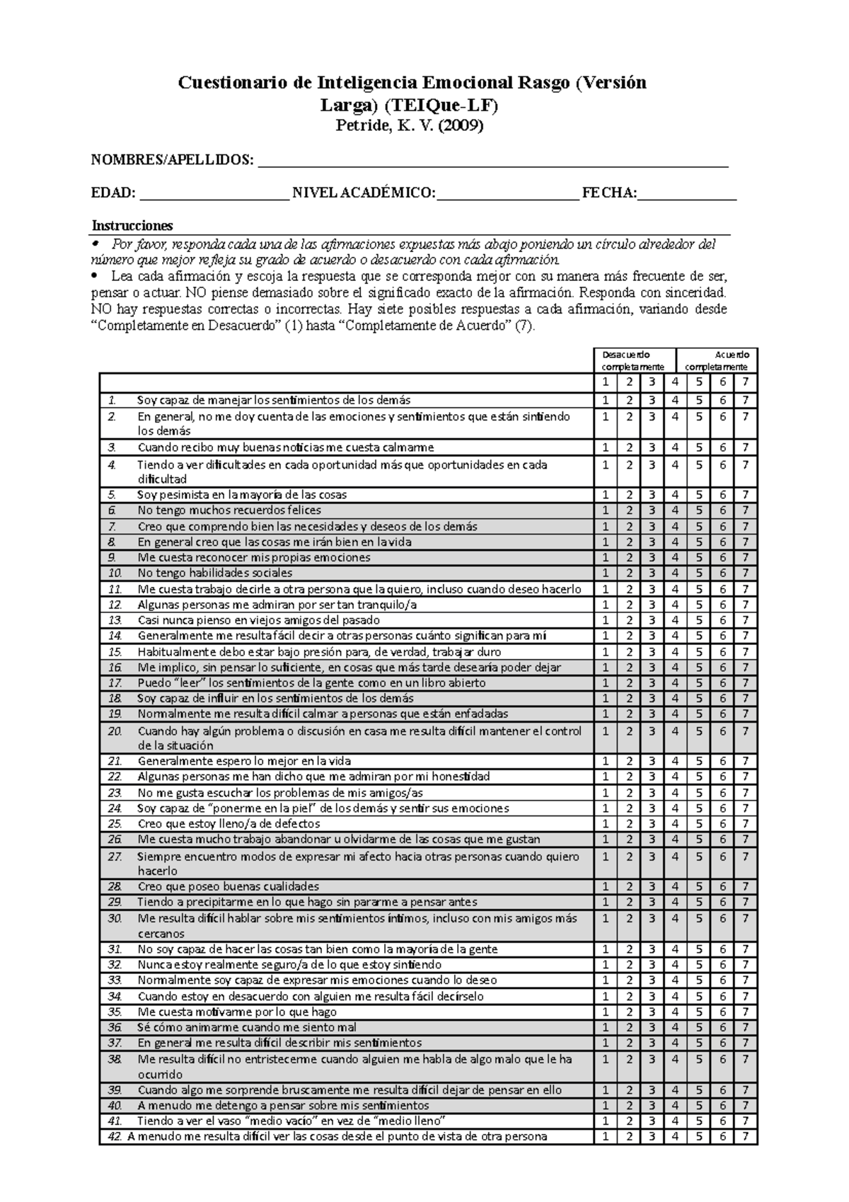 Indicaciones Para Realizar El Cuestionario De Inteligencia Emocional